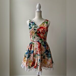 Floral Sleeveless Dress with Lace Trim